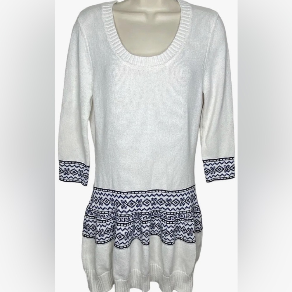 Vintage BONGO Juniors Long Winter Knit Pullover Sweater Dress XL White Navy Blue